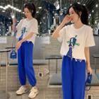 Set: Elbow-sleeve Print T-shirt + Straight Leg Jogger Pants