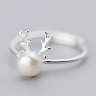 925 Sterling Silver Antler Faux Pearl Ring