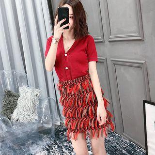 Short-sleeve Knit Top / Mini Fringed Skirt