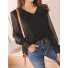 Layered-ruffle Faux-pearl Button Blouse