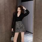 Long-sleeve Lace Blouse / Zebra Print Mini Skirt