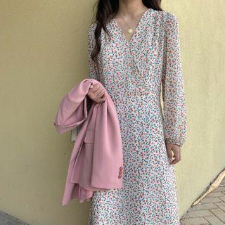 Long Sleeve V-neck Floral Chiffon Dress