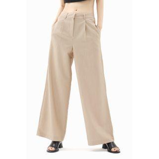 Belted-side Wide-leg Pants Beige - One Size