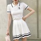Set: Short-sleeve Polo Shirt + A-line Skirt White - One Size