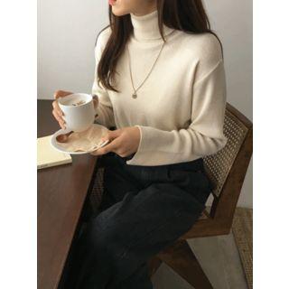 Turtle-neck Slit-cuff Knit Top