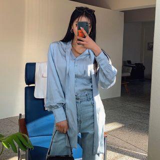 Bishop-sleeve Scarf-neck Satin Blouse