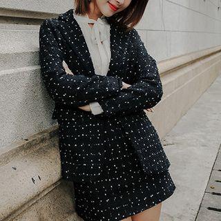 Tie-neck Blouse / Tweed Jacket / A-line Mini Tweed Skirt / Set
