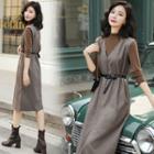 Set: Long-sleeve Mock-neck Top + Midi A-line Overall Dress