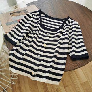 Short-sleeve Striped Buttoned Knit Top Navy Blue - One Size