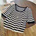 Short-sleeve Striped Buttoned Knit Top Navy Blue - One Size
