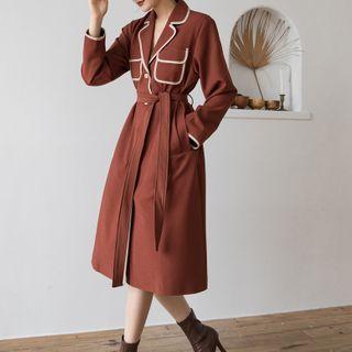 Color-block Trim Long-sleeve Lace-up Coat