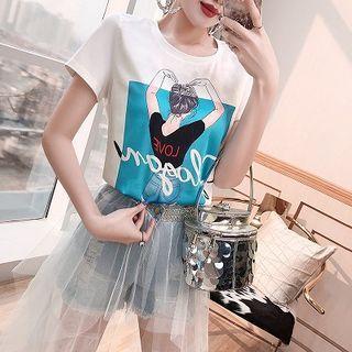 Set: Printed Short-sleeve T-shirt + Mesh Overlay Skort