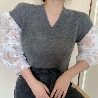V-neck Lace Panel Knit Sweater