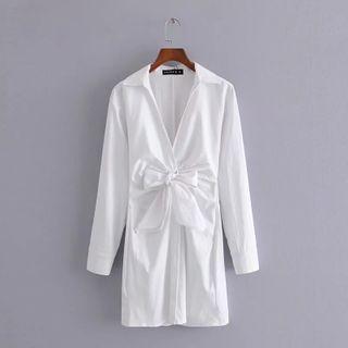 Long-sleeve Plain Bow Mini Shirtdress
