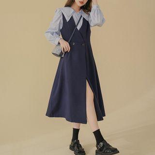 Double-breasted Slit Midi A-line Overall Dress