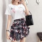Set: Flamingo Print Short Sleeve T-shirt + Layered Skirt
