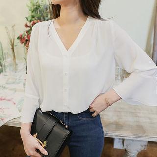 V-neck Ruffle-cuff Chiffon Blouse