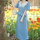 Set: Short-sleeve Double-breasted Peplum Blouse + Pencil Skirt