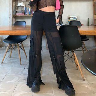 High Waist Mesh Panel Straight Leg Cargo Pants