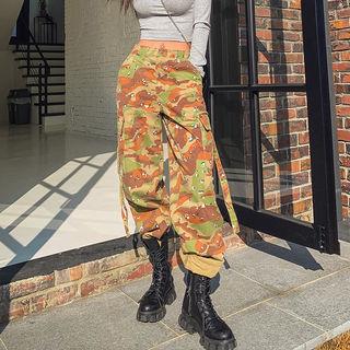 Strap-detail Camouflage Wide-leg Cargo Pants