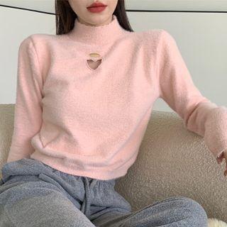 Plain Semi High-neck Cutout Long-sleeve Knit Top