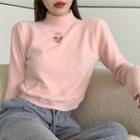 Plain Semi High-neck Cutout Long-sleeve Knit Top