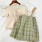 Set: Lace Short-sleeve Blouse + Plaid A-line Skirt