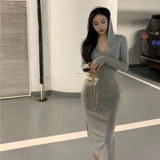 Long-sleeve Hooded Side-slit Midi Sheath Dress