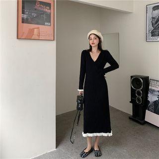 Knit Contrast Trim Midi A-line Dress Black - One Size