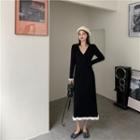 Knit Contrast Trim Midi A-line Dress Black - One Size