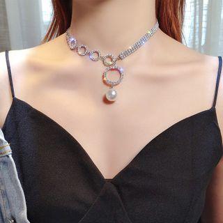 Asymmetric Faux Pearl Pendant Rhinestone Choker 2370 - As Shown In Figure - One Size