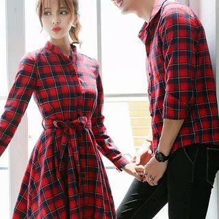 Couple Matching Long-sleeve Plaid A-line Mini Dress / Shirt