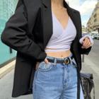 Long-sleeve Plain Blazer + Lettering Belt Black - One Size