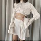 Set: Satin Cropped Blouse + High-waist Tie-strap Mini A-line Skirt