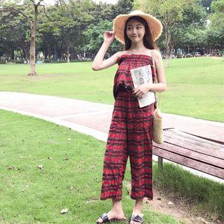 Set : Plaid Strapless Top + Pants