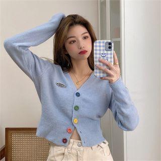 Letter Embroidered Color Block Button V-neck Cardigan