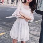 Elbow-sleeve Mesh Panel Mini Lace Dress