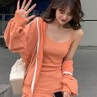 Spaghetti Strap Mini Bodycon Dress / Zip-up Hooded Jacket