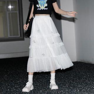 Butterfly Embroidered Midi Mesh Skirt White - One Size