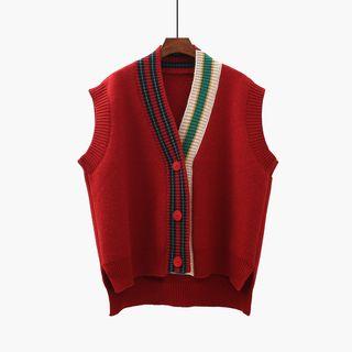 Contrast-trim V-neck Buttoned Knit Vest