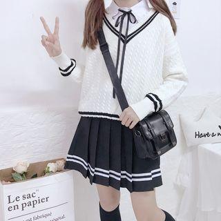 Tie-neck Blouse / Pleated Skirt / V-neck Sweater