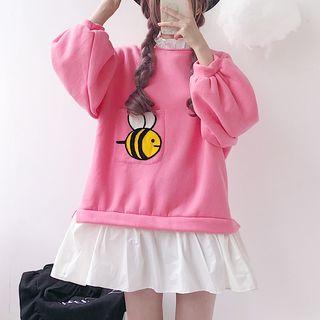Mock Two-piece Long-sleeve Bee Embroidery Mini Sweatshirt Dress