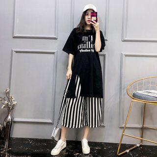 Set: Lettering Elbow Sleeve T-shirt Dress + Striped Culottes