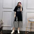 Set: Lettering Elbow Sleeve T-shirt Dress + Striped Culottes