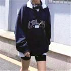 Contrast Collar Letter Embroidered Sweatshirt Navy Blue - One Size