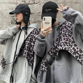Leopard Print Panel Zipped Jacket