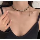 Bead Pendant Faux Leather Alloy Choker Black & Gold - One Size