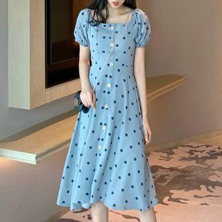 Short-sleeve Dotted A-line Dress Blue - One Size