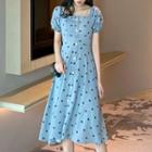 Short-sleeve Dotted A-line Dress Blue - One Size