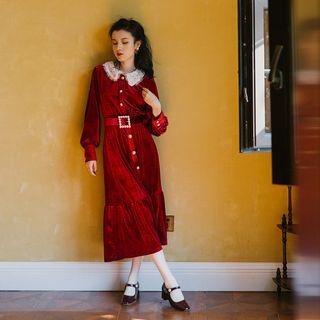 Lace Collar Long-sleeve Ruffle Hem A-line Midi Velvet Dress